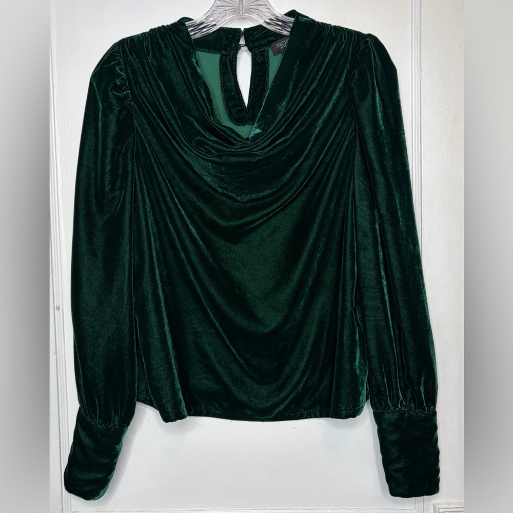 Rachel Zoe Velvet Drape Neck Blouse Top Dramatic Long Sleeve Emerald Green Sz S